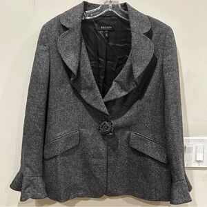 Escada Gray Wool Blazer Jacket Feminine Rose Closure Flutter Sleeves. Sz 42 L